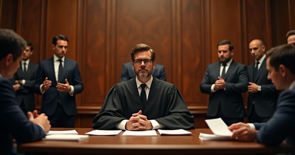 Cena de um tribunal moderno com juiz, advogados, e uma mesa com documentos ilustrando trabalho pericial.
