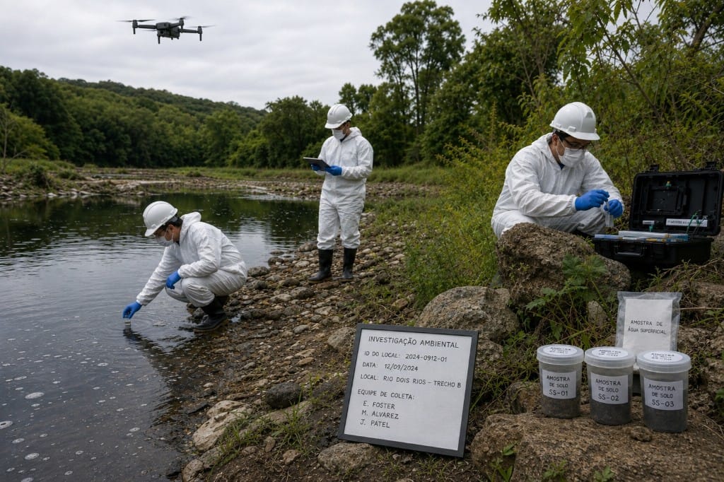 Equipe pericial coletando amostras de água e solo em investigação ambiental, com apoio de drone
