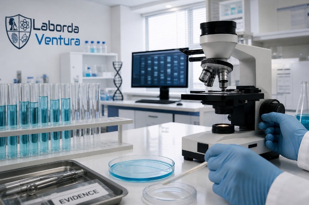 Perita analisando amostra em microscópio no laboratório forense
