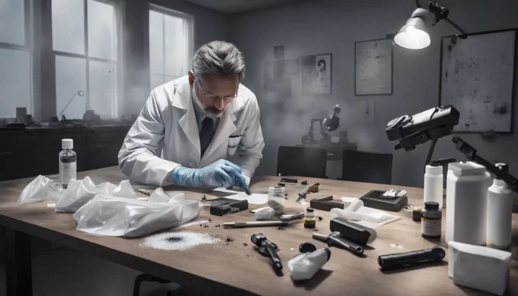 Cientista forense de jaleco branco analisa evidências em cena de crime com lupa e kit de impressões digitais.