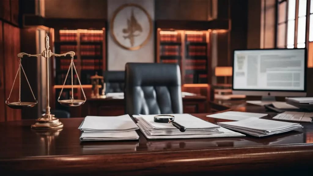 Escritório espaçoso com mesa de madeira grande coberta de papéis e lupa, com balança de justiça e monitor de computador.