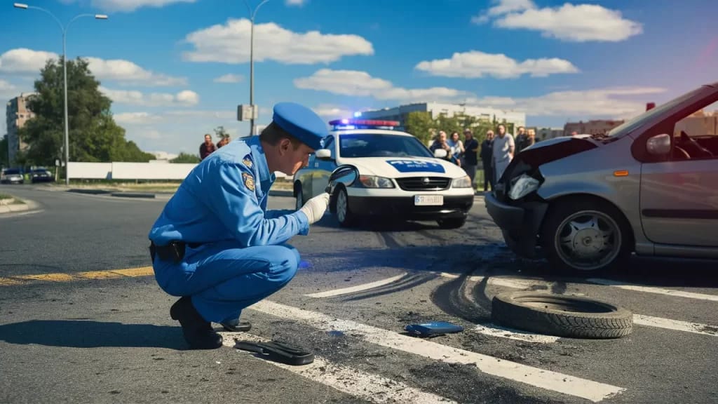 Investigador de trânsito examina marcas de pneus em cruzamento com viatura ao fundo e espectadores, sob céu azul claro.