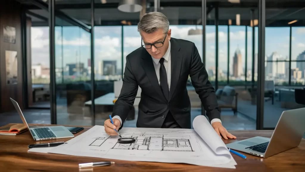 Homem de terno avalia planta arquitetônica em mesa de madeira em escritório moderno com laptop e lupa.