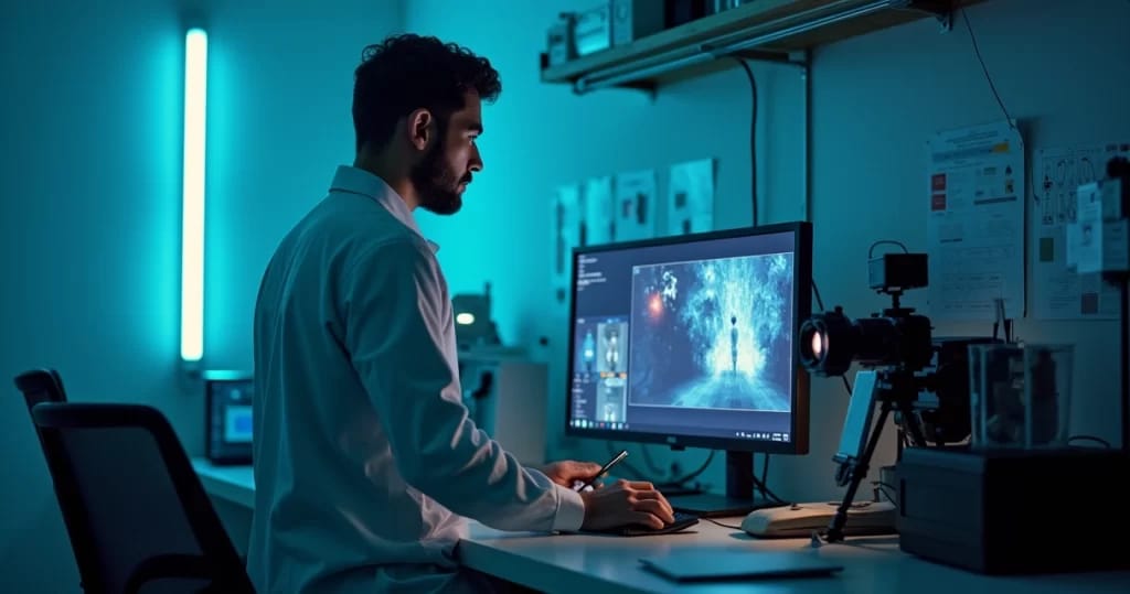 Um perito audiovisual analisando equipamentos em um laboratório de investigação criminal.