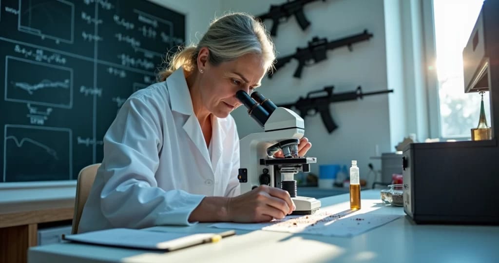 Laboratório de balística forense com especialista analisando projétil sob microscópio, equipamentos técnicos ao fundo.