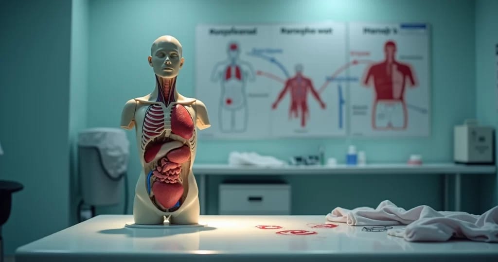 Modelo anatômico humano mostrando lesões de projéteis em um ambiente clínico.