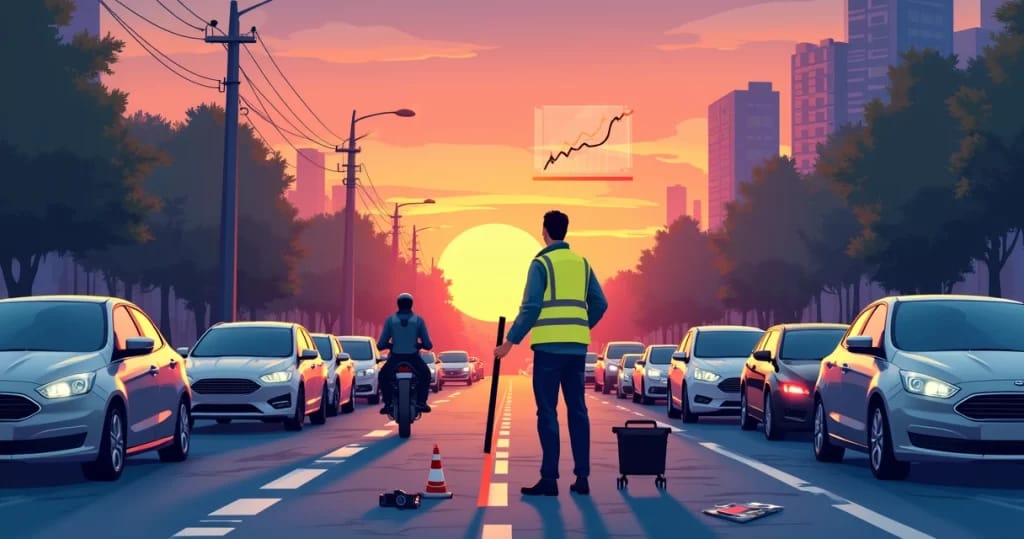 Perito em trânsito analisando um acidente com grafismo de estatísticas ao fundo.