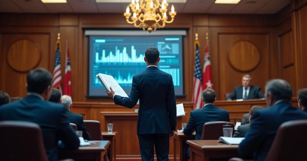 Cena de tribunal com perito particular apresentando evidências com gráficos e jurados atentos.