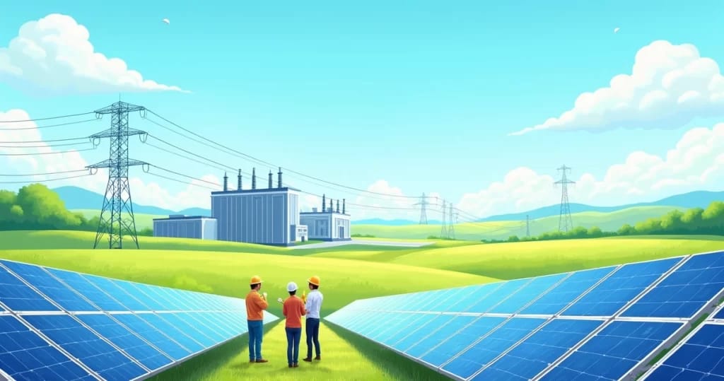 Fundos de um exame pericial em usinas fotovoltaicas com painéis solares, profissionais e paisagens verdes.