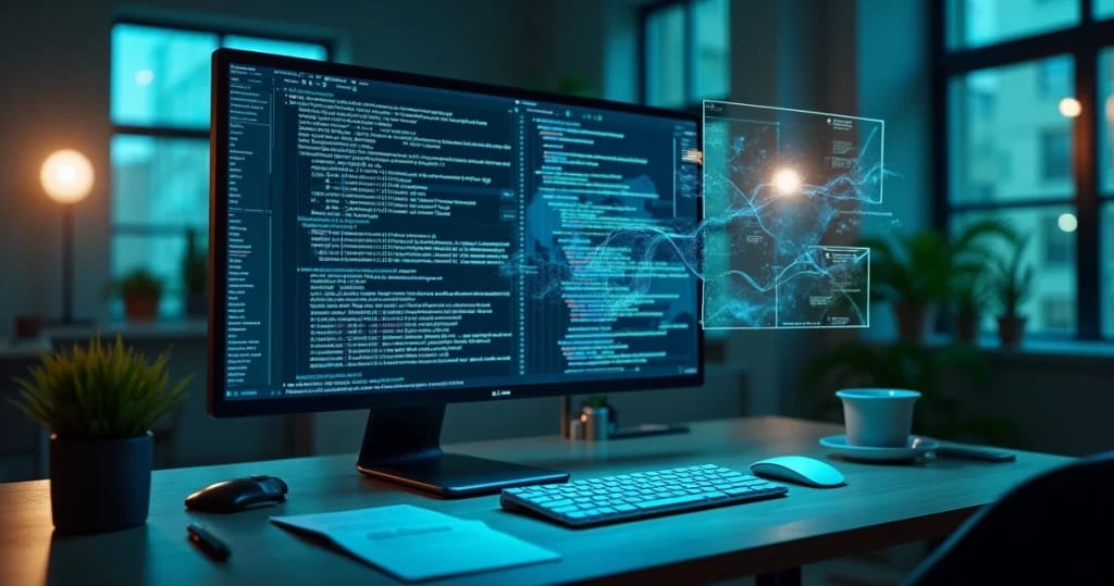 Computador com código de algoritmo em tela com gráficos digitais e elementos visuais de análise técnica
