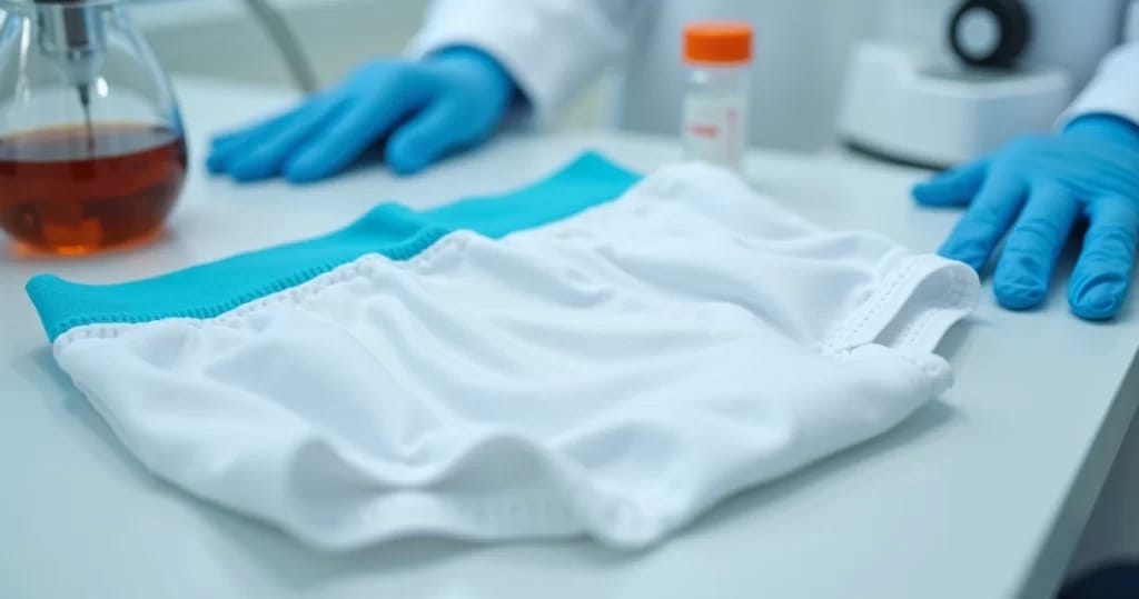 Detalhe de roupa íntima branca em bancada laboratorial com luvas azuis ao lado e equipamento científico para análise de amostras