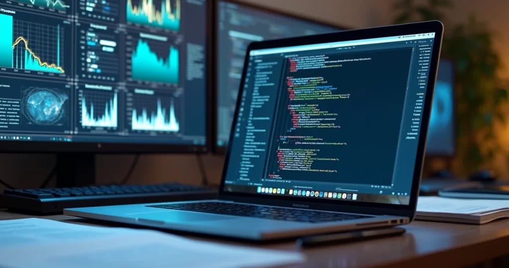 Mesa de trabalho com laptop aberto mostrando códigos de software, telas com gráficos de validação, documentos técnicos e caneta ao lado
