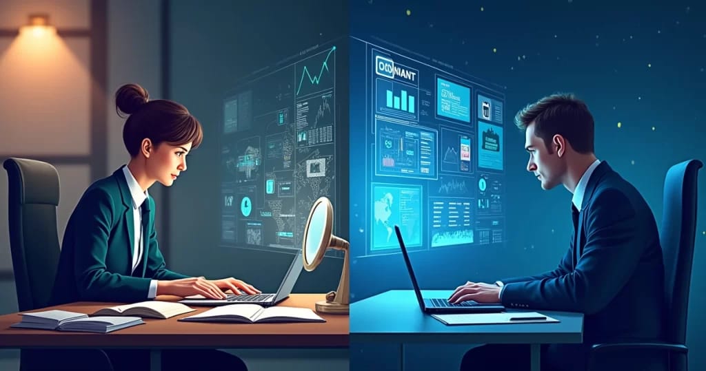 Comparação entre perito forense analisando dados e software automático exibindo resultados em tela