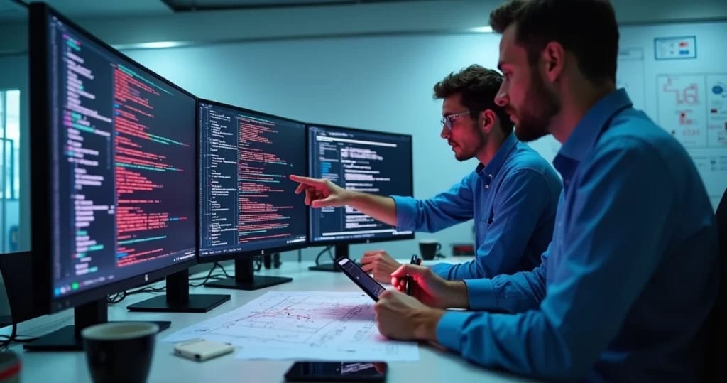 Mesa de escritório com dois profissionais analisando código em múltiplos monitores modernos, gráficos e relatórios técnicos sobre bugs de sistema.