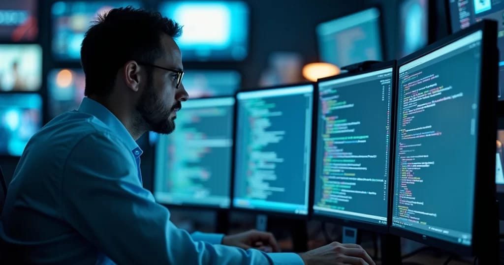 Technical expert analyzing multiple computer screens with software code and forensic data in a modern lab
