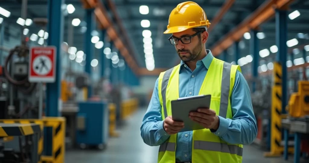 Perito em segurança do trabalho com capacete avaliando ambiente industrial com equipamentos de proteção e sinalização de segurança