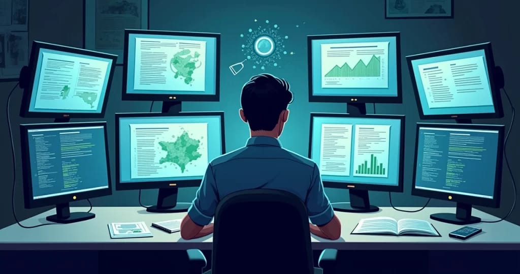 Pessoa analisando informações em múltiplas telas com documentos oficiais e mapas digitais