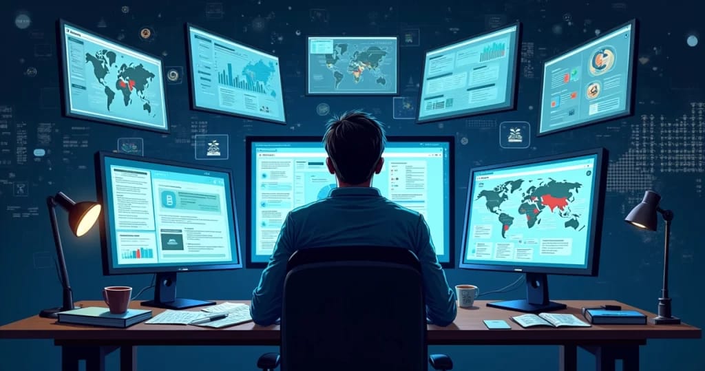 Pessoa analisando dados digitais em múltiplas telas com gráficos, mapas e documentos públicos sobrepostos