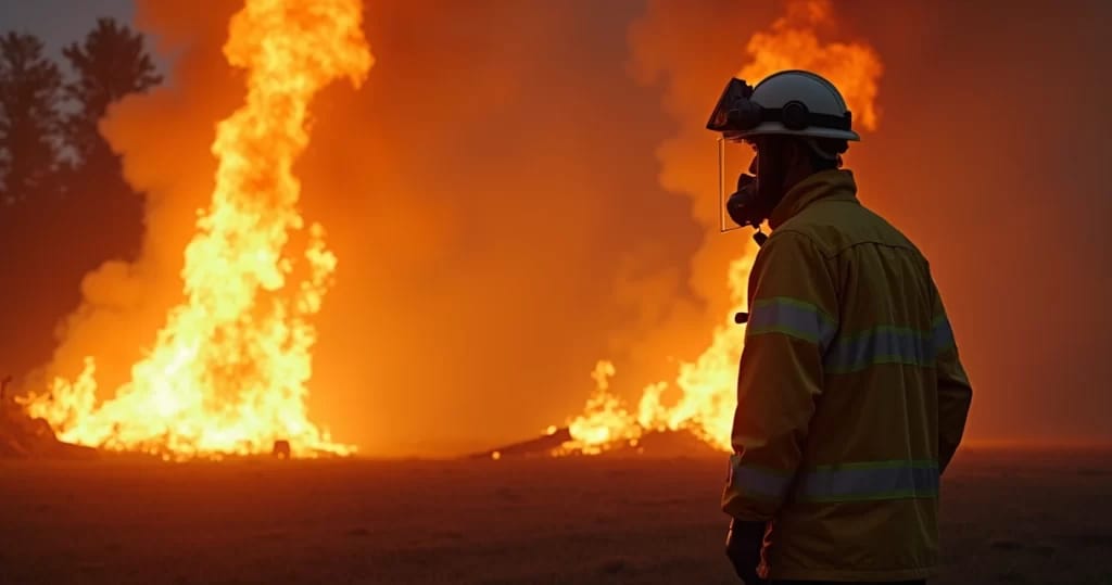 Perito forense em traje de proteção analisando cena de incêndio com vestígios de fumaça e destroços queimados