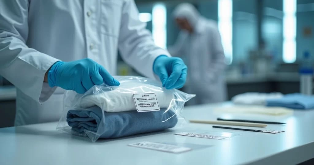 Sacola transparente com roupas íntimas etiquetadas para análise forense em mesa de laboratório