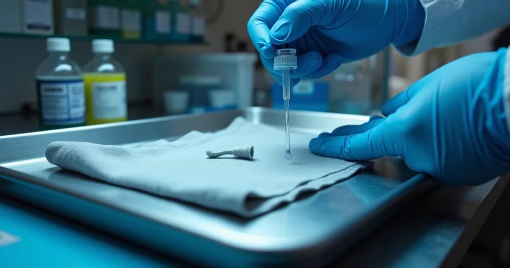 Técnico de laboratório realizando análise forense em amostra de tecido em ambiente controlado