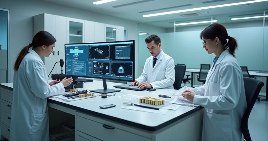 Equipe em laboratório forense particular analisando diferentes tipos de provas digitais e físicas