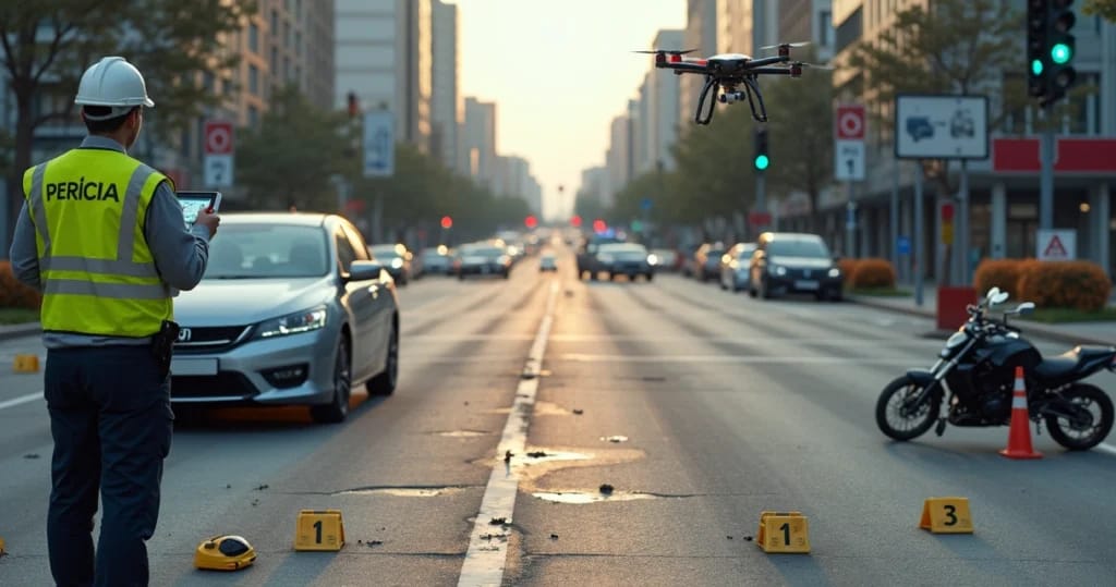 Perito analisa cena de acidente de trânsito com drone e marcas no asfalto