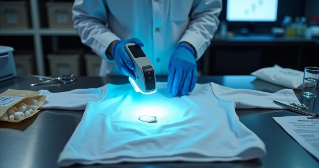 Perito particular analisando mancha branca em camisa sob luz ultravioleta