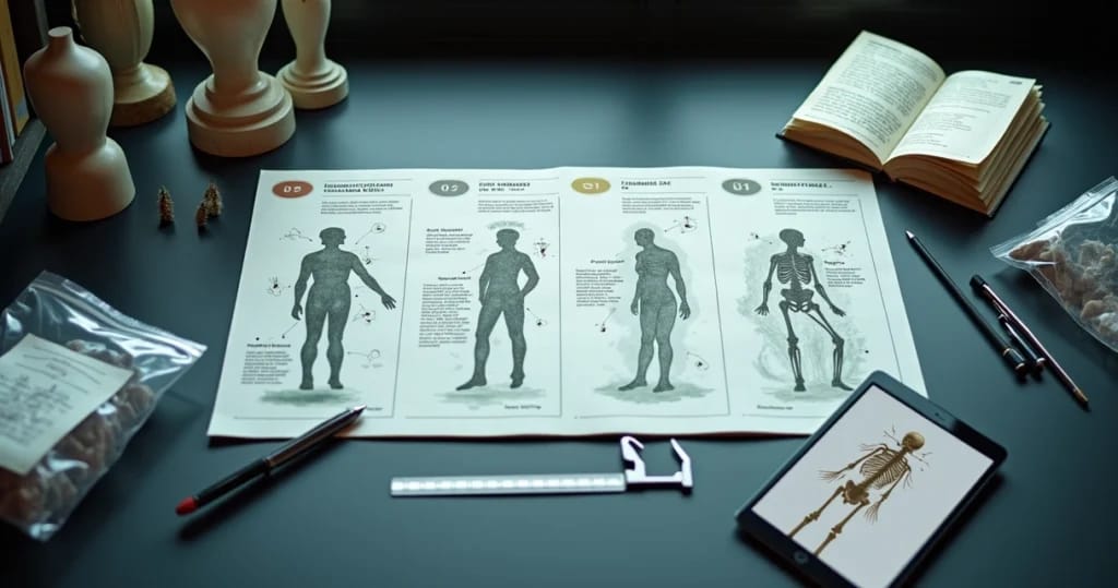 Ilustração esquemática das fases da decomposição cadavérica sob análise pericial