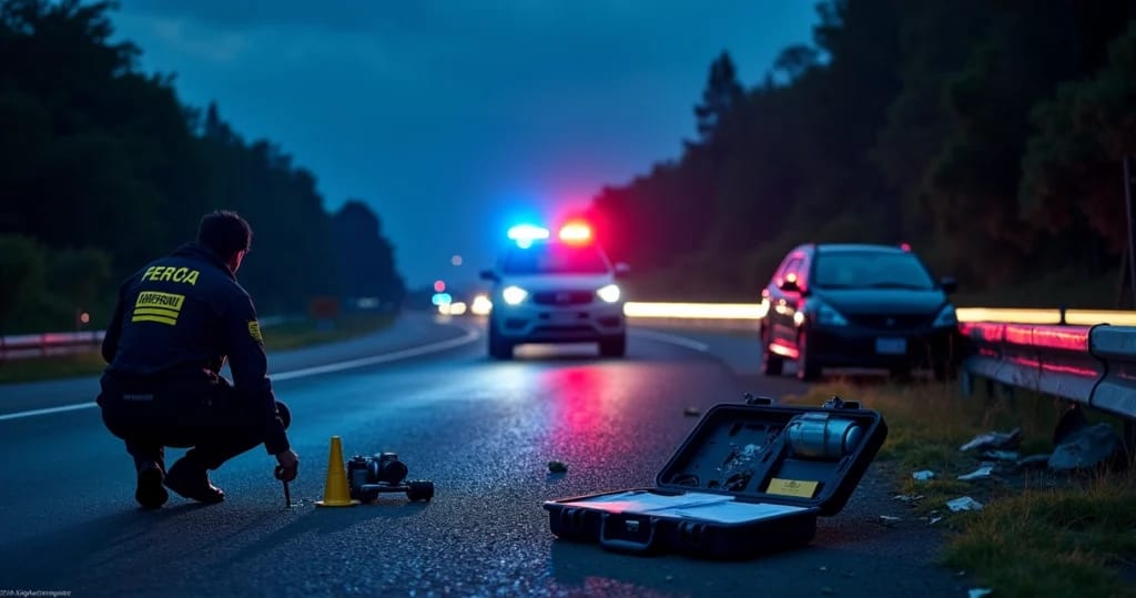 Perito registra acidente em rodovia com viatura ao fundo