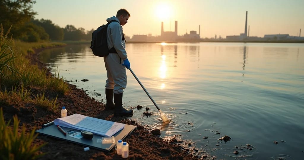 Perito ambiental coleta amostra de água em lago parcialmente contaminado