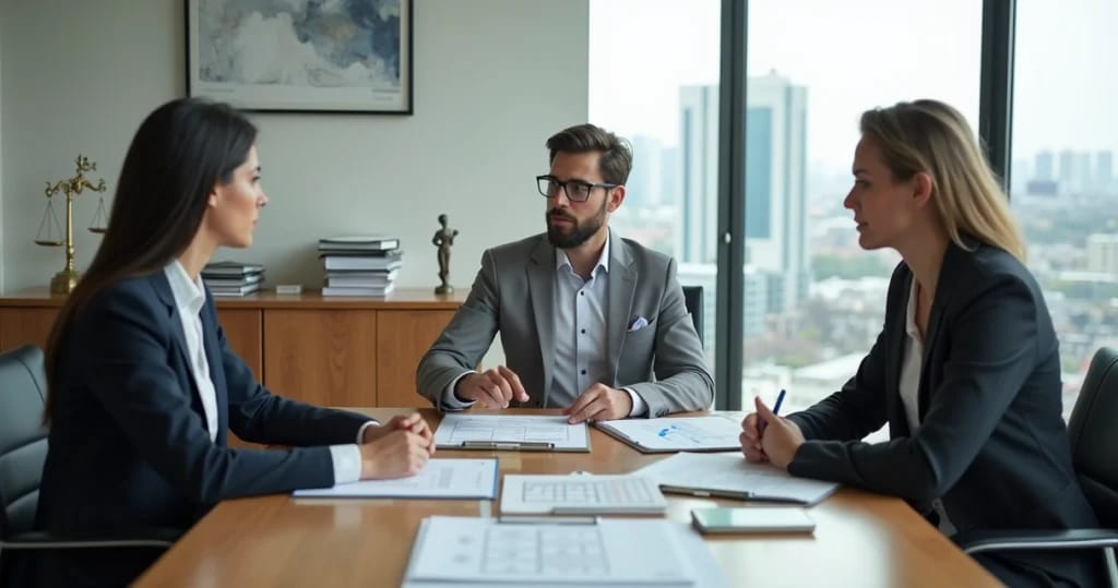 Reunião formal entre advogado cliente e perito judicial analisando documentos técnicos