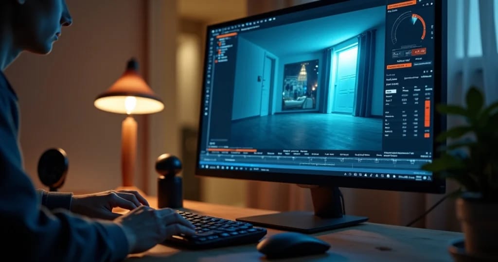 Monitor mostra gravação de câmera caseira com possíveis falhas enquanto mãos ajustam linha do tempo de vídeo