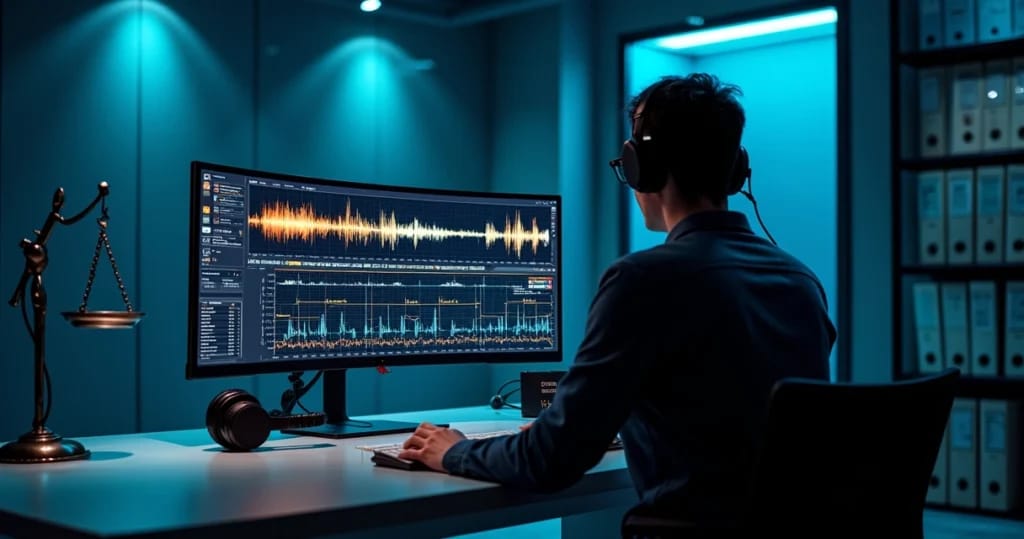 Laboratório forense com waveform de voz analisado em tela gigante