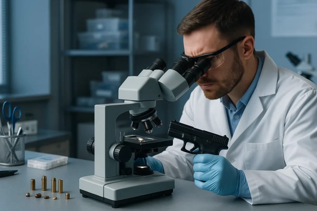 Perito balístico examinando arma de fogo em laboratório forense
