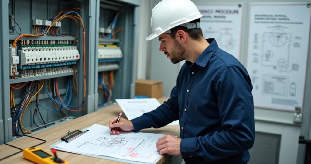 Perito elétrico analisando quadro e croqui técnico em ambiente pericial