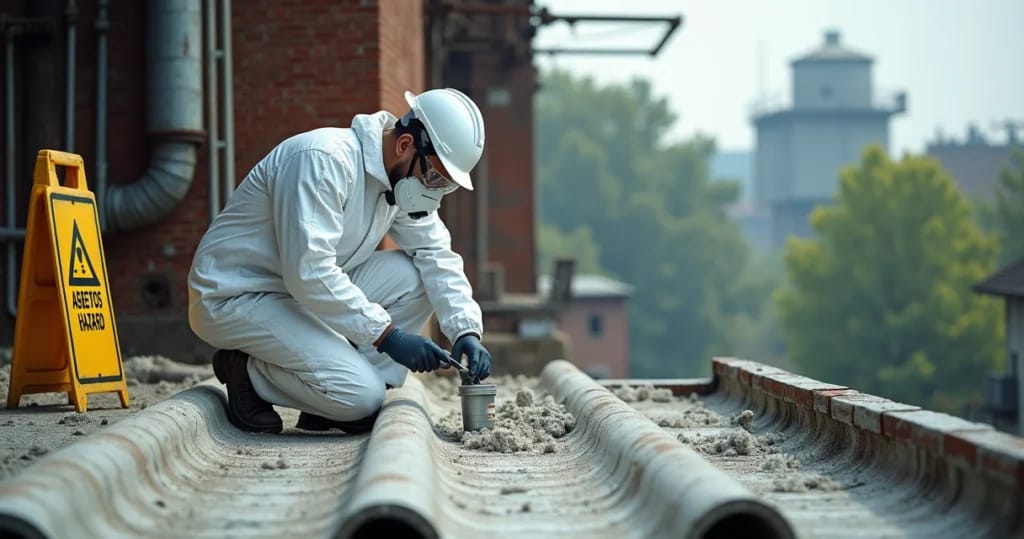 Engenheiro ambiental com roupas de proteção analisando telhado de amianto em área industrial