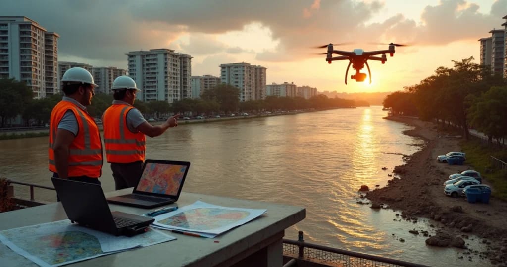 Equipe de perícia ambiental usa drones para avaliar área urbana alagada
