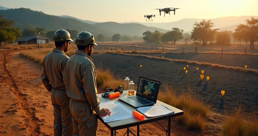 Equipe de perícia ambiental analisa foco de incêndio rural com drones e mapas digitais