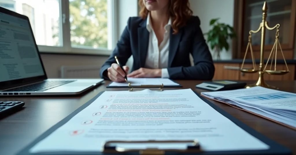 Perita contábil revisa contrato e planilhas financeiras em ambiente jurídico moderno