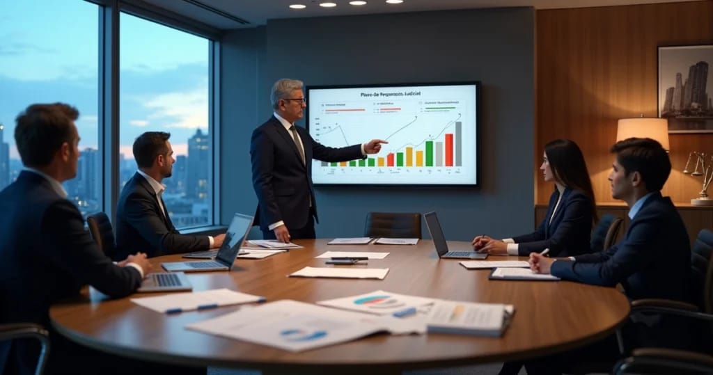 Perito contábil analisa dados financeiros em sala de reunião corporativa moderna