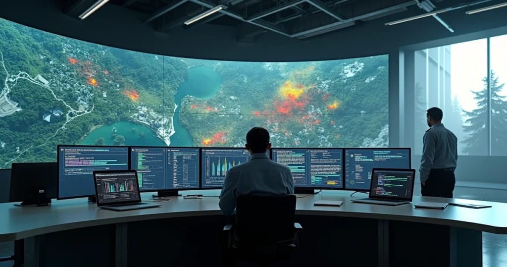 Sala de perícia ambiental digital com telas mostrando mapas e área industrial