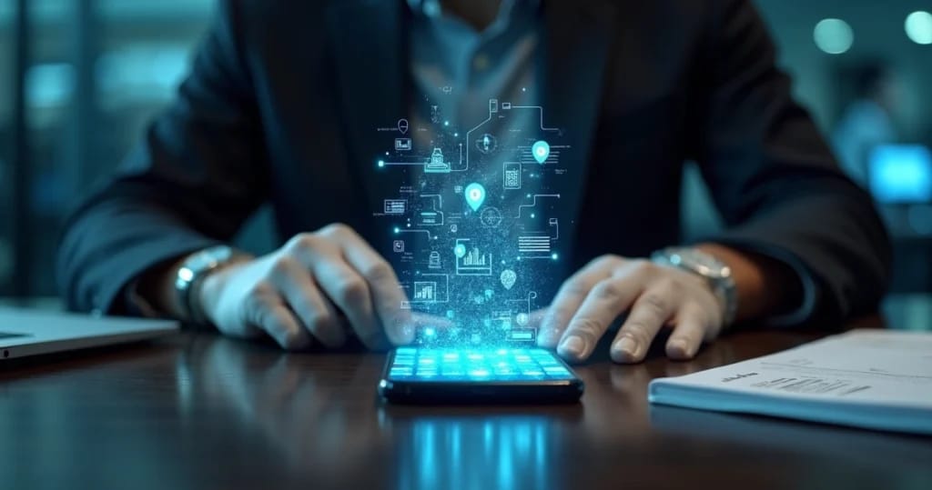 Perito analisa smartphone transparente com dados digitais flutuando em mesa escura