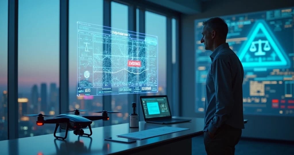 Perito observa dados forenses de drone projetados em painel digital em ambiente jurídico moderno