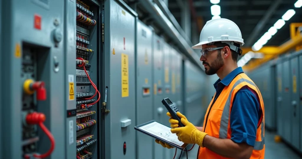 Engenheiro perito inspeciona quadro elétrico industrial com equipamento de medição