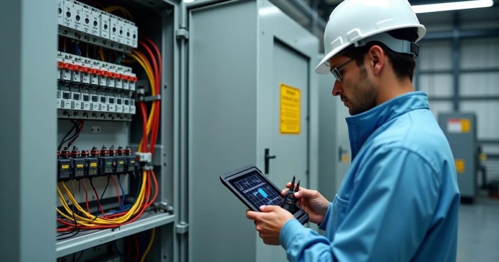 Perito em engenharia elétrica examinando quadro de distribuição com equipamentos de medição