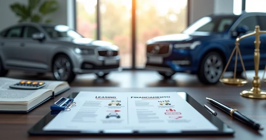Comparação entre contrato de leasing e financiamento com carros em fundo abstrato