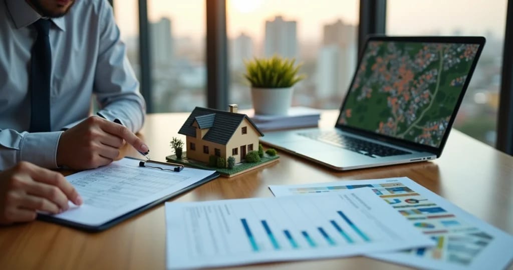 Perito analisa planta e avaliação de imóvel residencial sobre mesa com miniatura de casa
