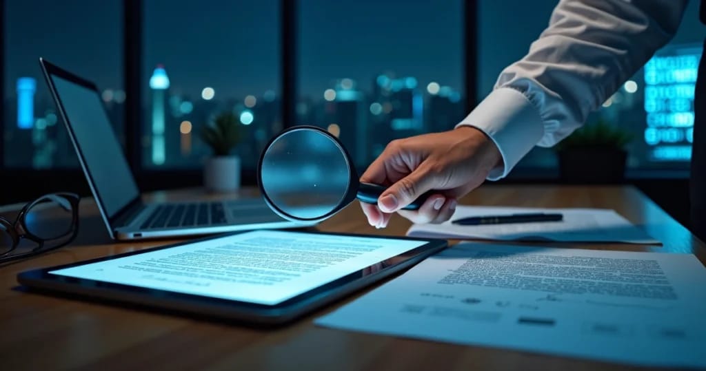 Perito analisa contrato digital com lupa e tablet em mesa de escritório moderno