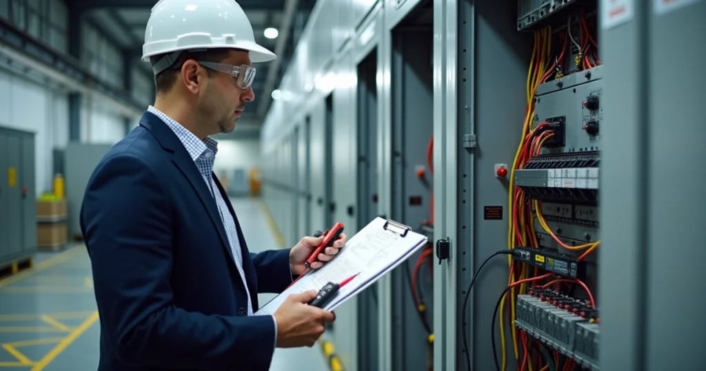 Perito em engenharia elétrica analisando quadro de comando numa área industrial